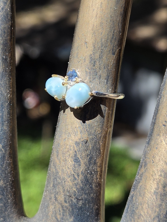 Celestial Kharma Collection by Avelon Jewelry - Larimar & Sapphire Sterling & Gold Ring Sz6